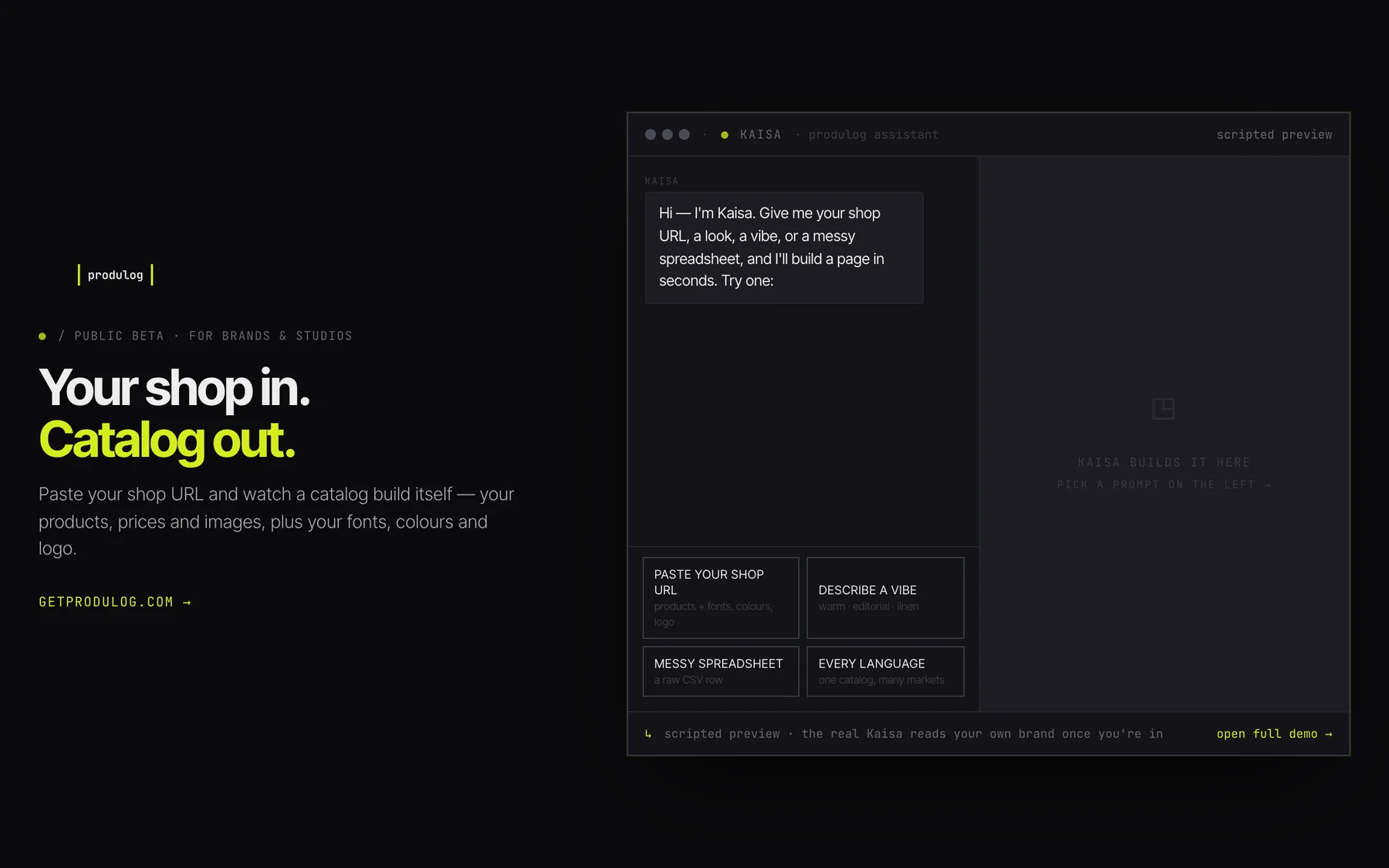 Kaisa — Produlog's catalog assistant, live scripted demo