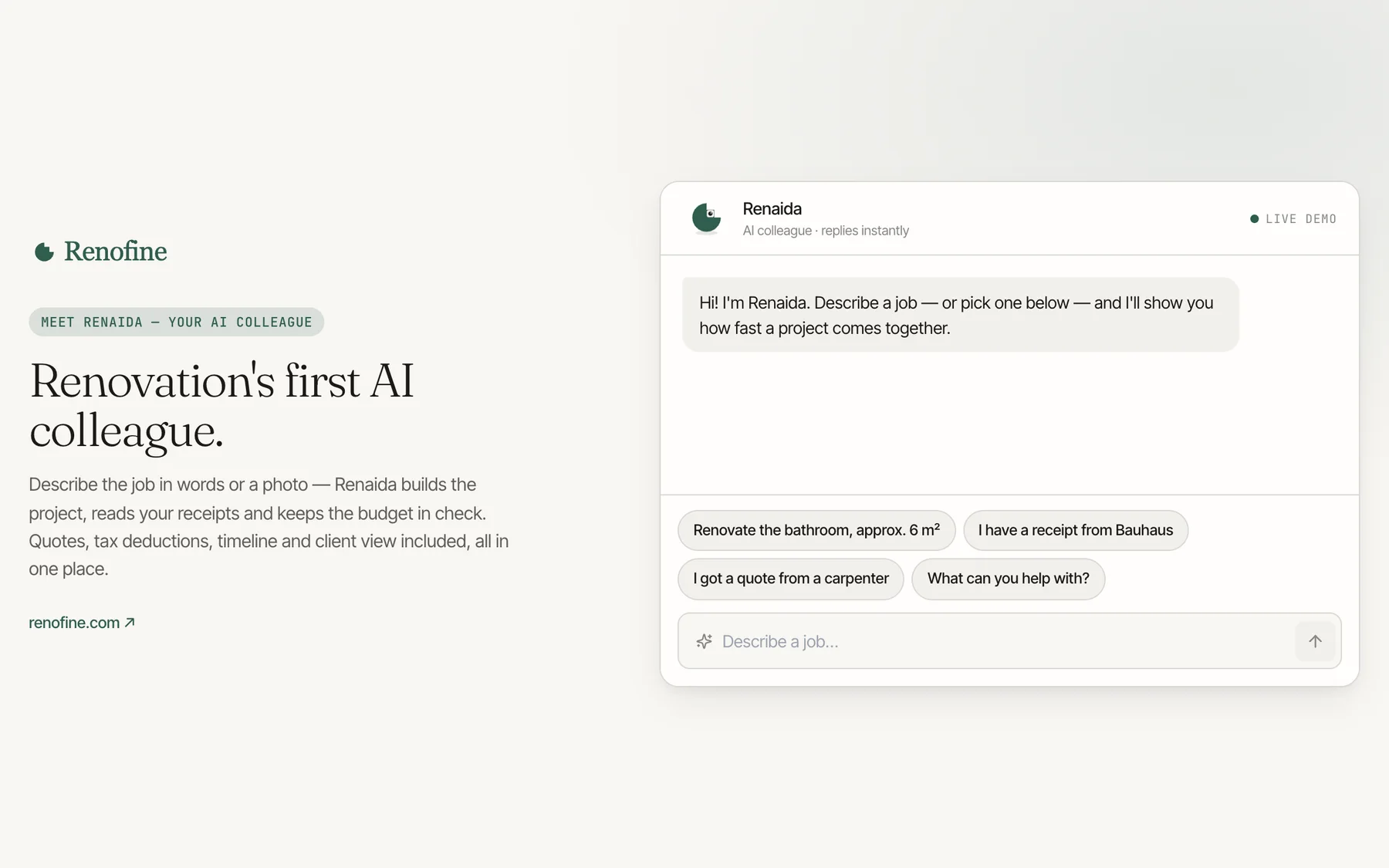 Renaida — Renofine's AI colleague, live scripted demo